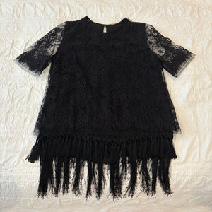 Adam Lippes Black Fringe Lace Short Sleeve Crew Neck Top, size 8 deco designer